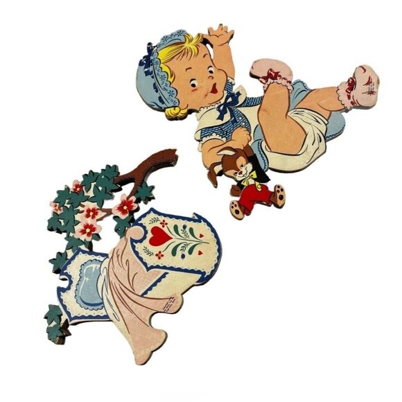 Vintage 2 Pc Nursery 1950s Wall Decor Wood Cutout Baby & Cradle Mid Century - Picture 1 of 7